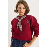 Bianco Lucci Women's Embroidered Crew Neck Sweatshirt in Burgundy | Size: Large