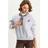 Bianco Lucci Women's Embroidered Crew Neck Sweatshirt in Grey | Size: Large