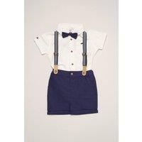Little Gent Boy's Mock Shirt Bodysuit, Shorts & Bowtie Outfit Set in Navy | Size: 12-18 m