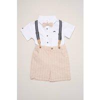 Little Gent Boy's Mock Shirt Bodysuit, Bowtie & Shorts with Braces in Light Beige | Size: 12-18 m