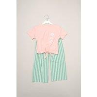 Miss Girl's Flower Market Tie-Front Tee & Seersucker Stripe Trouser Set in Pink | Size: 2 Years
