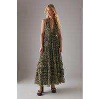 Warehouse Women's Tulle Halter Shirred Waist Tier Maxi Dress | Size: 18