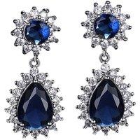 Jewelco London Women's Silver Blue Pear CZ Double Cluster Drop Earrings
