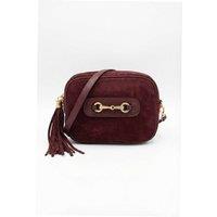 Kitise Women's Italian Genuine Suede Crossbody Bag With Tassel & Double Ring Detail in Burgundy
