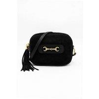 Kitise Women's Italian Genuine Suede Crossbody Bag With Tassel & Double Ring Detail in Black