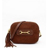 Kitise Women's Italian Genuine Suede Crossbody Bag With Tassel & Double Ring Detail in Brown