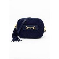 Kitise Women's Italian Genuine Suede Crossbody Bag With Tassel & Double Ring Detail in Navy