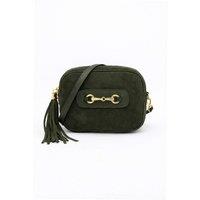 Kitise Women's Italian Genuine Suede Crossbody Bag With Tassel & Double Ring Detail in Dark Green