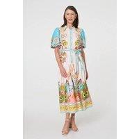 Izabel London Women's Abstract Border Tie Waist Midi Dress in Beige | Size: 10