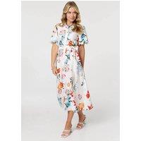Izabel London Women's Floral 1/2 Puff Sleeve Midi Shirt Dress in White | Size: 16