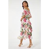Roman Women's Bardot Floral Tiered Dress in Ivory | Size: 14