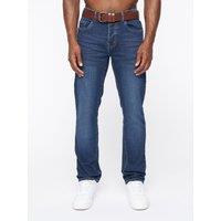 Crosshatch Farrowed Men's Cotton-Stretch Jeans with Branded Belt & Button Fly in Dark Blue | Size: 36S