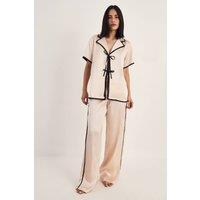 NastyGal Women's Satin Tie Detail Shirt & Pant Pajama Set in Champagne | Size: Medium