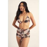 NastyGal Women's Patchwork Stitch Detail Triangle Lace Up Shorts Bikini Set in Brown | Size: 14