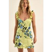 NastyGal Women's Satin Floral Ruffle Mini Dress in Lime | Size: 12