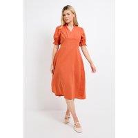 Dorothy Perkins Women's Petite Orange Lace Trim V Neck Puff Sleeve Midi Dress in Ochre | Size: 16