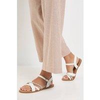 Dorothy Perkins Women's Maria Faux Leather Crossed Strap Embellished Padded Flat Sandals in White | Size: 3