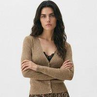 PEACH ACCESSORIES Women's Glitter Mesh Shimmering V-Neck Cardigan in Gold