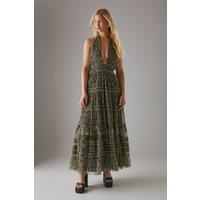 Warehouse Women's Tulle Halter Shirred Waist Tier Maxi Dress | Size: 8
