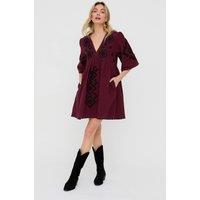 Raffya Women's Arabella V- Neck Embroidered Mini Dress in Burgundy | Size: 12