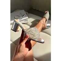 Love Lemonade Women's Crystal Pearl Luxe Block Mule Heels in Silver | Size: 3
