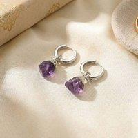 Harfi Women's Raw Amethyst February Birthstone Sterling Silver Huggies in Purple