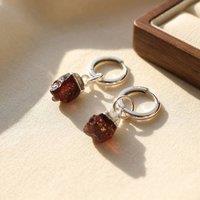 Harfi Women's Raw Garnet January Birthstone Sterling Silver Huggies in Dark Red