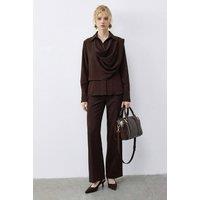 Bianco Lucci Women's Shawl Detailed Blouse & High Waist Wide Leg Pants Two-Piece Set in Dark Brown | Size: Medium