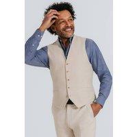 Dobell Men's Oatmeal Linen Herringbone Waistcoat in Beige | Size: Medium