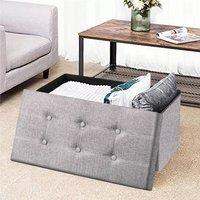 Nordara Grey Folding Ottoman Storage Pouffe Stool with Linen Seat in Light Grey