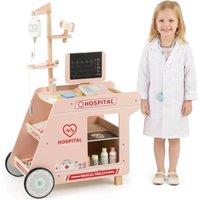 CASART Wooden Doctor Playset Kids Pretend Play Doctor Kit w/Cart & CT Machine in Pink