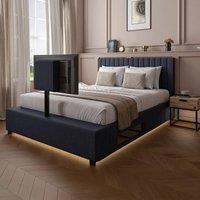 X Rocker Maisie Velvet Upholstered Ottoman TV Bed with Storage & LED Lights in Navy | Size: King