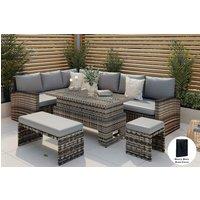 Furniture Maxi Rosen Rattan Garden Furniture 9 Seater Corner Sofa Rising Table Set With Benches & Rain Cover in Grey