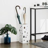 HOMCOM Metal Umbrella Stand, Square Umbrella Basket with 4 Hooks Drip Tray White