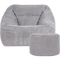 icon Corduroy Bean Bag Armchair & Round Beanbag Footstool in Light Grey
