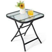 Costway Folding Square Patio Bistro Table Tempered W/ Glass Tabletop Outdoor Coffee Table in Black