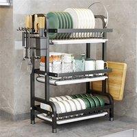 VOGREX Kitchen Sink 3 Tier Dish Rack with Drip Tray & Cutlery Holder in Black
