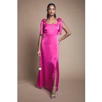 Oasis Women's Bright Pink Satin Tie Shoulder Midi Bridesmaid Dress | Size: 8