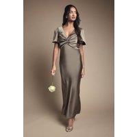 Oasis Women's Olive Satin Twist Front Angel Sleeve Midi Bridesmaid Dress | Size: 10