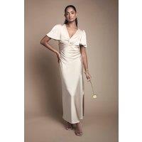 Oasis Women's Champagne Satin Twist Front Angel Sleeve Midi Bridesmaid Dress | Size: 10