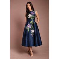Coast Women's Floral Embroidered Placement Fit & Flare Midi Dress in Navy | Size: 14