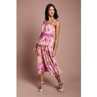 Coast Women's Petite Printed Lace Trim Pleated Midi Dress in Pink | Size: 12