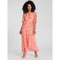 South Beach Women's Printed Short Sleeve Wrap Midi Dress in Coral | Size: 16