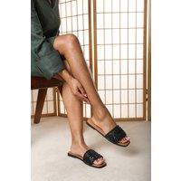 Where's That From Women's Karter Embellished Canvas Slide On Sandals in Black | Size: 7