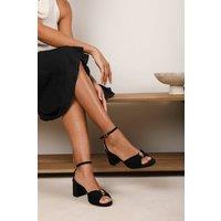 Where's That From Women's Bluebird Block Heel Ruched Buckle Suede Sandal in Black | Size: 8