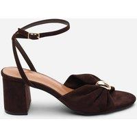 Where's That From Women's Bluebird Block Heel Ruched Buckle Suede Sandal in Dark Brown | Size: 7