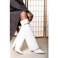 Where's That From Women's Nareva Fold Over Shark Block Heel Point Toe Boots With Trim Detail in White | Size: 7