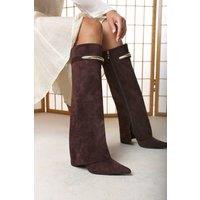 Where's That From Women's Nareva Fold Over Shark Block Heel Point Toe Boots With Trim Detail in Dark Brown | Size: 7
