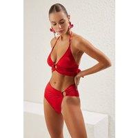 WOVCOR Women's Halterneck Ring Detail Ruched Bikini Set in Red | Size: 10