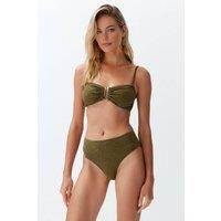 WOVCOR Women's Bandeau Bikini Set with Metal Bar Detail & Straps in Khaki | Size: 8